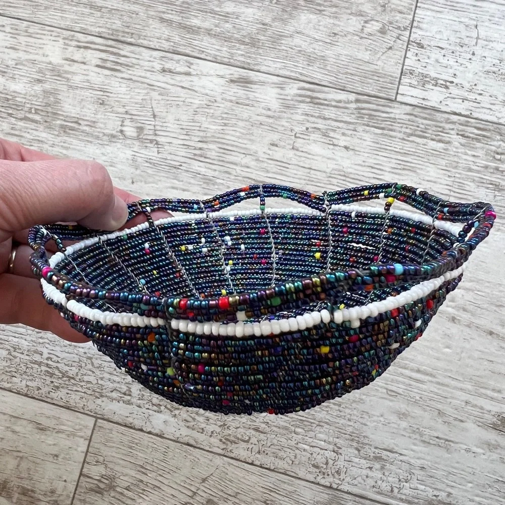 Handcrafted Wire and Seed Bead Bowl Multicolored Beaded Trinket 6” Dish